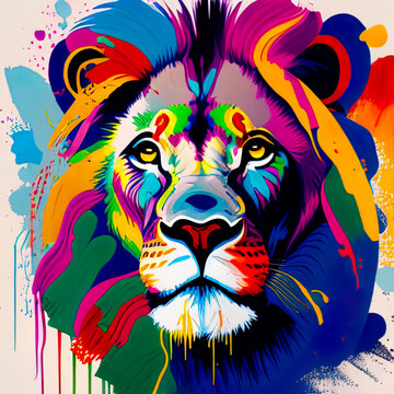 Watercolor abstract strokes of a lion with paint splatter, paint splash and paint drip