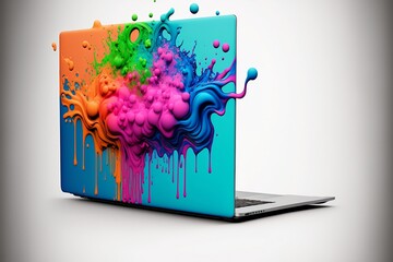 Laptop with colorful boiling liquid. Laptop in multi-colored paints.