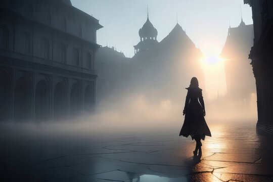 Silhouette Of A Woman Walking On A Wet Cracked Street In A Victorian Town, Sun Setting Between Buildings Generative AI Illustration