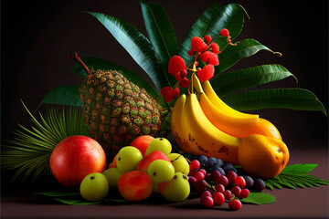 Many different delicious exotic fruits as background, top view. Tropical fruits background, many colorful ripe tropical fruits . High quality ai generated illustration.