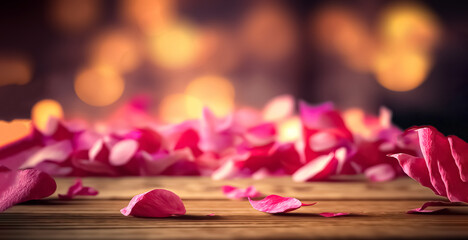 Obraz na płótnie Canvas Table wood top with Rose petals on blur bokeh background. Rose petals on wooden background. For display or montage you products with copy space 