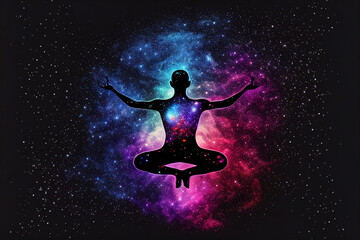 Fototapeta na wymiar Silhouette of a man in Lotus position on the background of the universe. A state of trance and deep meditation. A spiritual journey in the universe. Abstract chakra meditation energy background