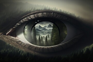 abstract eye, misty forest, mountains