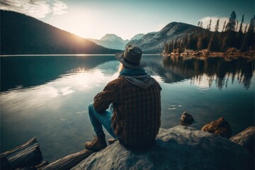 Old man sitting in front of a lake, Generative AI