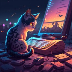 Cat on Computer Cartoon