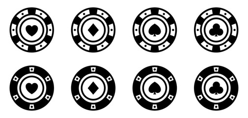 Poker chips vector icons. Casino chip icons. Poker symbols with spades, hearts, diamonds, clubs. Playing poker concept. Vector