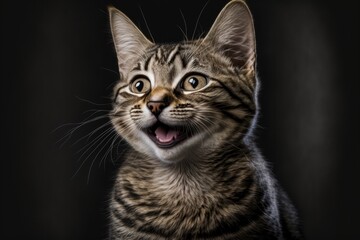 Naklejka na ściany i meble cute cat smiling, funny pet, happy pet on black background, Generative AI