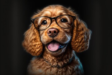 Happy dog smiling with glasses, cute puppy, happy pet, vet day, Generative AI