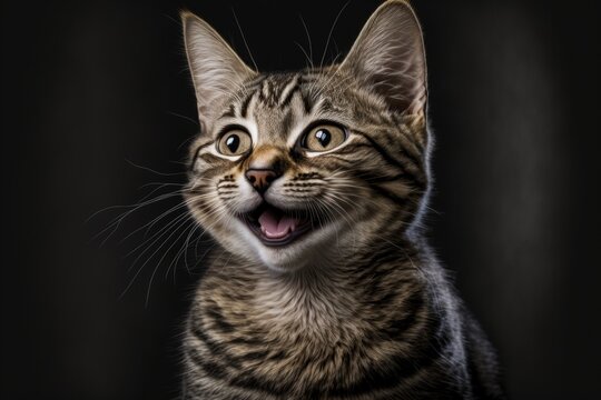 cute cat smiling, funny pet, happy pet on black background, Generative AI