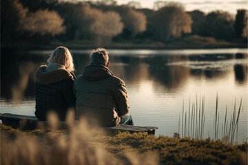 couple sitting in front of a lake, Generative AI