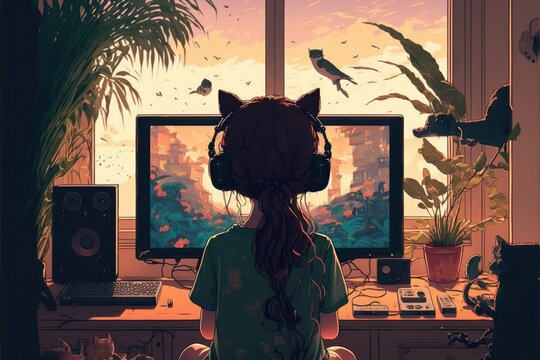 lo-fi room with girl and cat, generative ai