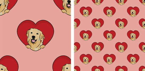 Golden retriever dog with paws pattern, Valentine's day heart wallpaper. Love heart with pet head holiday texture. Dog face Holding Heart Cartoon square background. St Valentine's day present paper.
