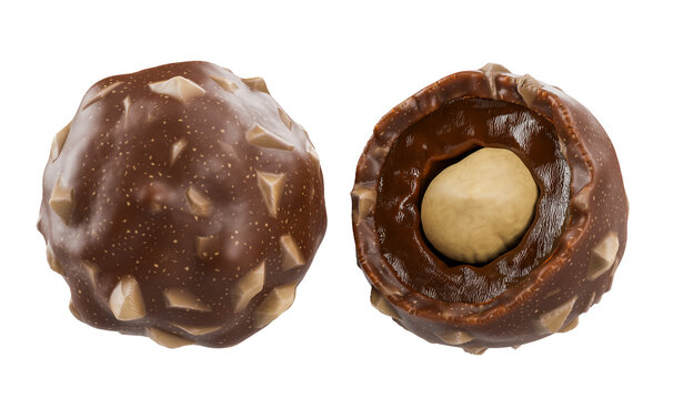 Two chocolate ball whole and half with hazelnuts transparent background - 3D rendering