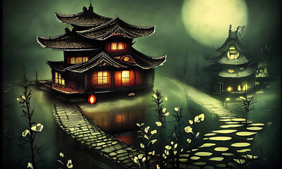 Fototapeta premium Generative AI : Dark surreal illustrations of Japanese garden, 