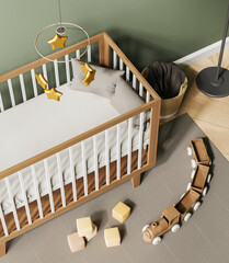 Top view on bright baby room with child bed, basket