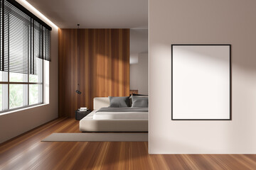 Naklejka na ściany i meble Front view on bright bedroom interior with empty white poster