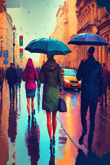 People in the rain holding umbrellas walking down a city street. Generative AI illustration