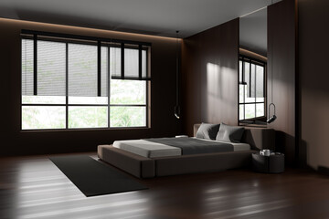 Corner view on dark bedroom interior with bed, bedsides, mirror