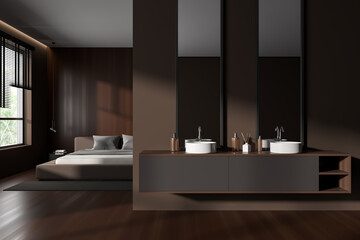 Stylish hotel studio interior with two washbasins and sleeping area