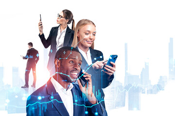 Business people distance working together, stock market chart an