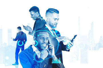 Business people with phone, digital big data chart with analysis, skyscrapers