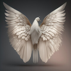 Generative AI: Dream like, realistic angel wings background with a white wing of a bird