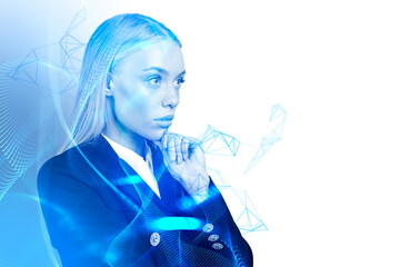Pensive businesswoman and metaverse hologram, with abstract lines, copy space