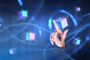 Businesswoman wearing casual wear is touching digital interface with metaverse