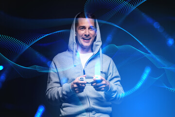 Smiling man with a game controller, metaverse abstract digital lines