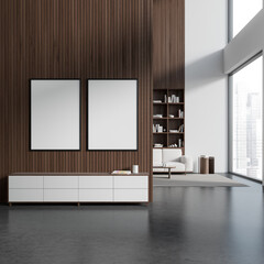 Grey relaxing room interior with sideboard and couch with window, mockup frames
