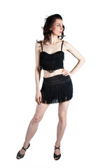 Beautiful young woman with evening makeup and hairstyle is dancing in elegant black dress with passion. Studio portrait on a white background. Dancing, tango style.