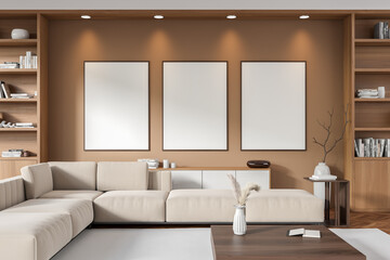 Naklejka na ściany i meble Modern chill interior with couch and bookshelf with decor, mockup frames