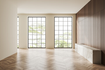 Bright empty room interior with panoramic windows with countryside view.