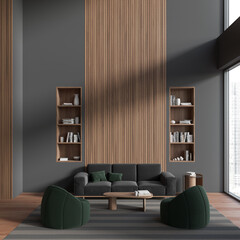 Grey relaxing room interior with couch and decoration. Copy space wall