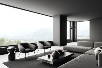Corner view on dark living room interior with panoramic windows