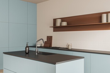 Modern kitchen interior with bar countertop, stove and kitchenware