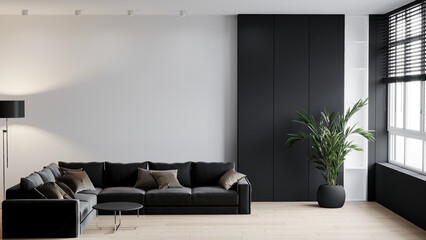 Black and white large living room. A chic room with a huge lounge hall Black couch and white empty walls. Mockup design interior home or reception foyer. 3d rendering