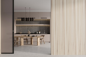 Light kitchen interior with eating table and seats, kitchenware. Copy space