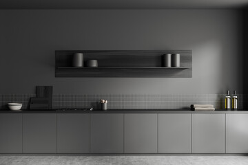Grey kitchen interior with shelves, stove and minimalist kitchenware