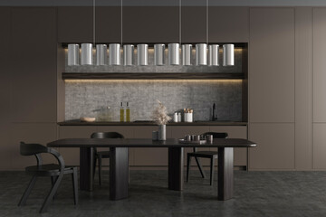 Front view on dark kitchen room interior with dining table