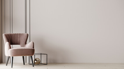 Brown armchair and beige ivory walls - light room design project. Pastel milky taupe tones are a trend 2023. Luxe lounge or reception with accent. Space for mockup picture, decor or paint. 3d render