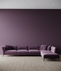 Spectacular plum colored accent wall. Bright couch in purple violet tone. Luxury living room and lounge hall or reception. Art deco style - modern in the interior design of the house home. 3d render