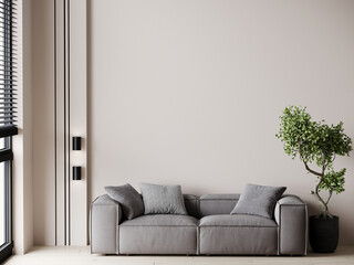 Light beige ivory living room with gray sofa. Little black lamps. Big bonsai. Cozy moсkup scene for creativity, art. Interior modern room in scandinavian nice style. Lounge area luxe. 3d rendering