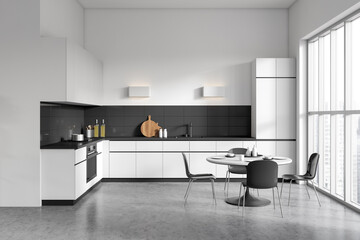 Front view on bright kitchen room interior with cupboard