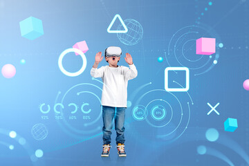 Kid boy in vr glasses and hands touching, metaverse and indicato