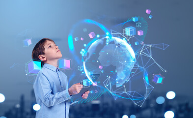 Kid boy with tablet look up at earth globe, virtual world and co