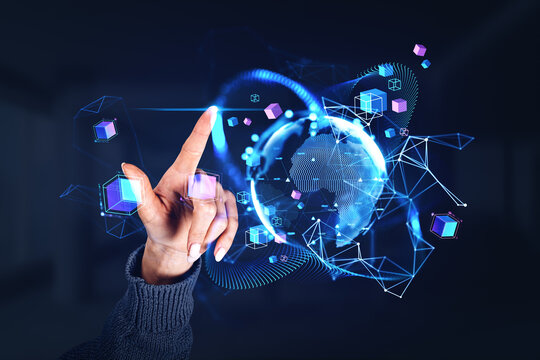 Woman finger touch earth globe, digital world and virtual connection - Powered by Adobe