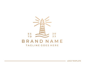 Lighthouse Tower Island with searching light. Simple Line Art logo design inspiration
