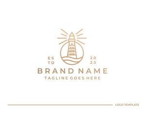 Lighthouse Tower Island with searching light. Simple Line Art logo design inspiration
