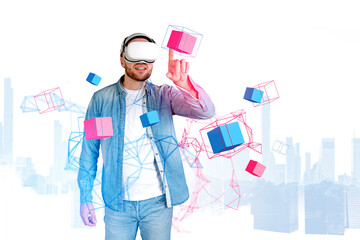 Young man in vr glasses touching data blocks in cyberspace, city